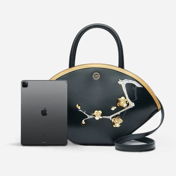 刺繍_レザー_ブラック_バスケット_ハンドバッグ3D_ピーチ_ブロッサム_P120469 Embroidery_Leather_Black_Basket_Handbag3D_Peach_Blossom_P120469