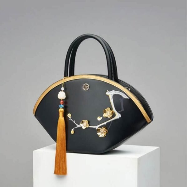刺繍_レザー_ブラック_バスケット_ハンドバッグ_3D_ピーチ_ブロッサム_-_中文2470385 Embroidery_Leather_Black_Basket_Handbag_3D_Peach_Blossom_-_SinoCultural-2470385