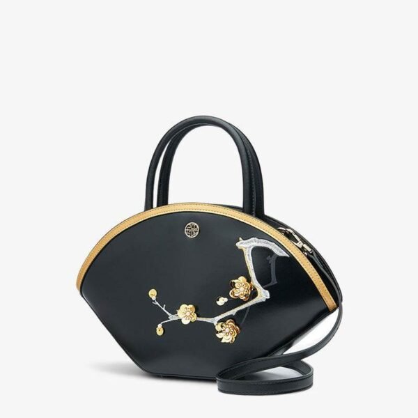 刺繍_レザー_黒_バスケット_ハンドバッグ_3D_桃_花_-_中文2470399 Embroidery_Leather_Black_Basket_Handbag_3D_Peach_Blossom_-_SinoCultural-2470399