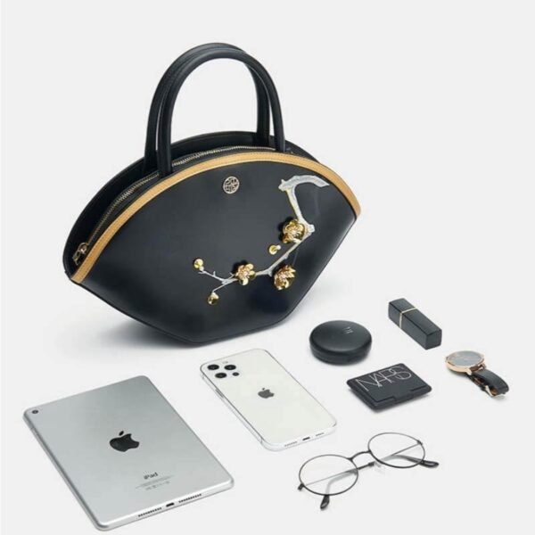 刺繍_レザー_ブラック_バスケット_ハンドバッグ_3D_ピーチ_ブロッサム_-_中文2470425 Embroidery_Leather_Black_Basket_Handbag_3D_Peach_Blossom_-_SinoCultural-2470425
