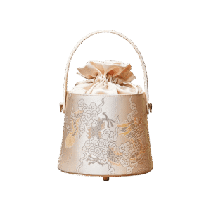 Brocade Jacquard Leather Drawstring Beige Bucket Bag Loong Pattern