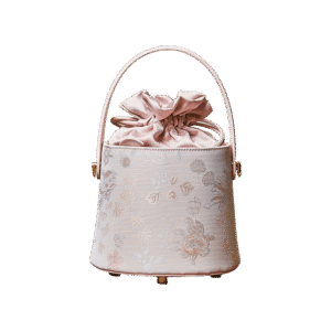 Brocade Jacquard Leather Drawstring Floral Powder Pink Bucket Bag