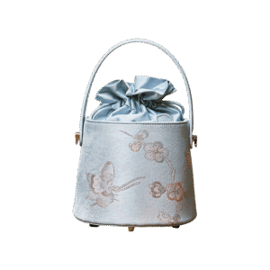 Brocade Jacquard Leather Drawstring Light Blue Butterfly Bucket Bag