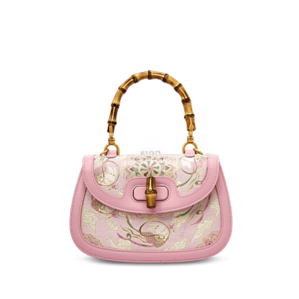 ソング・ブロケード・ピンク・マルベリー・シルク・ハンドバッグ・バンブーハンドル-フロントビュー Song-Brocade-Pink-Mulberry-Silk-Handbag-Bamboo-Handle-Front-View
