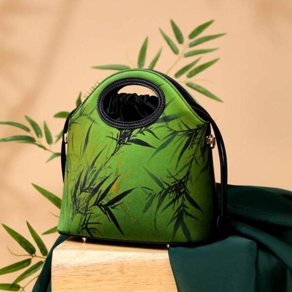 襄雲舎_絹_竹_緑_巾着袋_YS120670-2 e_Xiangyunsha_Silk_Bamboo_Green_Drawstring_Bucket_Bag_YS120670-2
