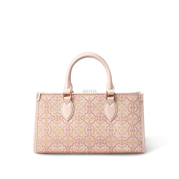 ソング・ブロケード・レザー・ハンドバッグ・ピンクゴールド・ディングシェン・モチーフ・フロントビュー song-brocade-leather-handbag-pink-gold-dingsheng-motif-front-view