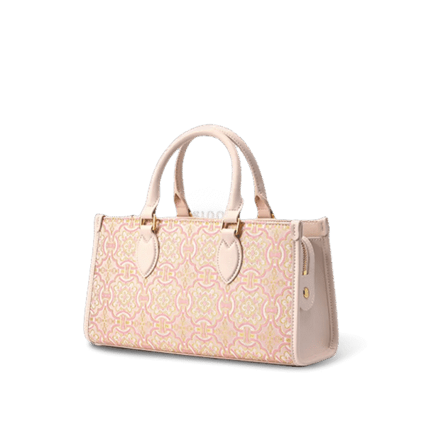 ソング・ブロケード・レザー・ハンドバッグ・ピンクゴールド・ディングシェン・モチーフ・サイドビュー song-brocade-leather-handbag-pink-gold-dingsheng-motif-side-view